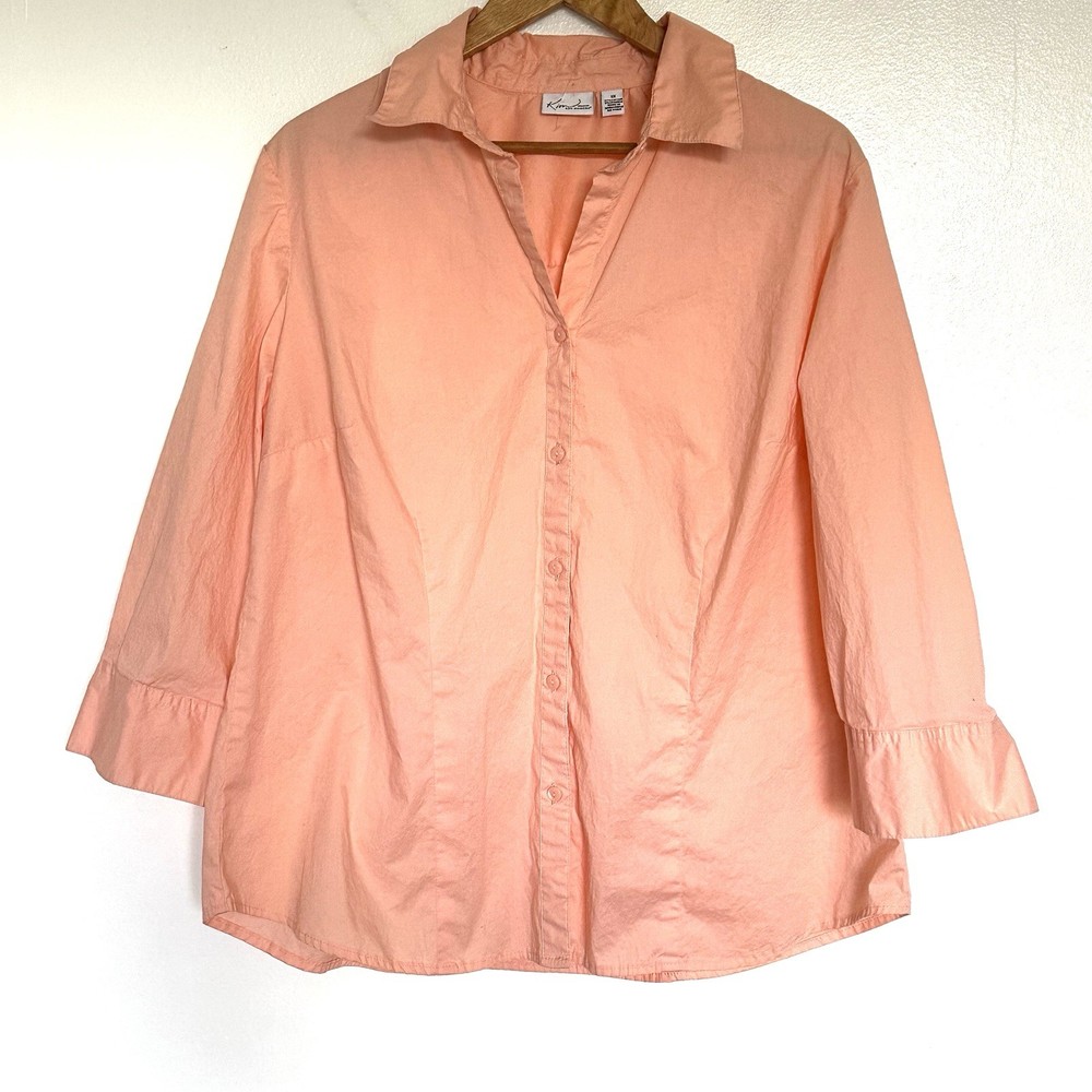 Kim Rogers Plus Shirt Women’s 1X Orange Button Down 3/4 Sleeve Collared Top
