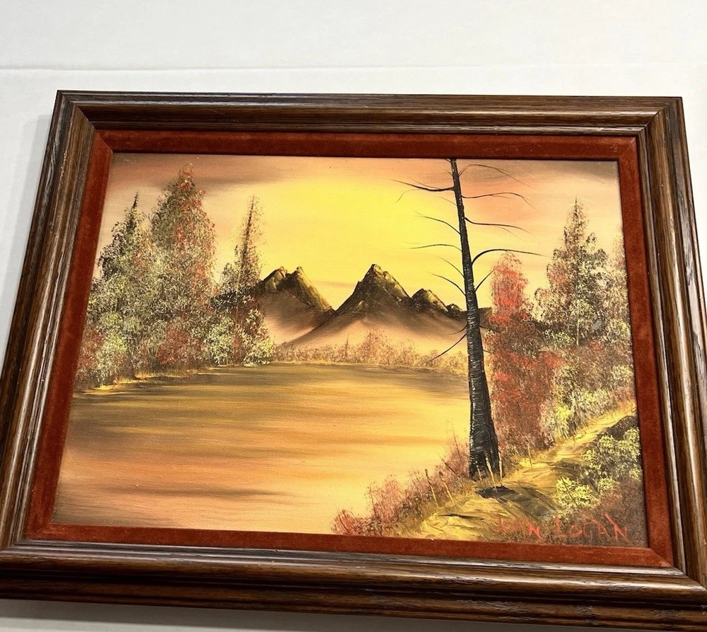 Vtg Painting On Canvas Mountain Landscape With Lake At Sunset, Signed John Logan