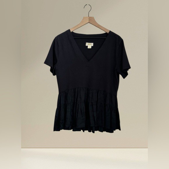 Maeve Women’s Maeve Black Cotton V-Neck Ruffle Hem Top Blouse Size S