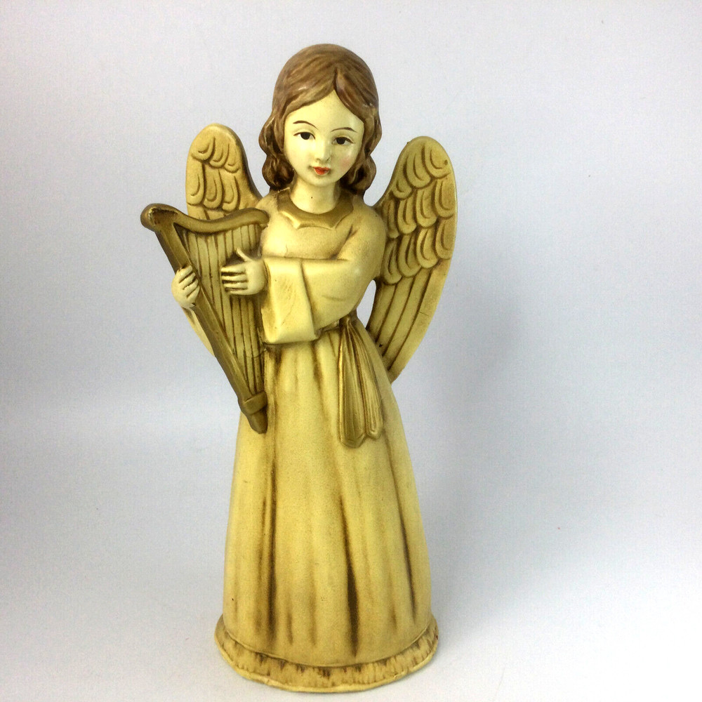 Vintage MCM Ceramic Figurine Angel Playing Harp Gold Cream 10