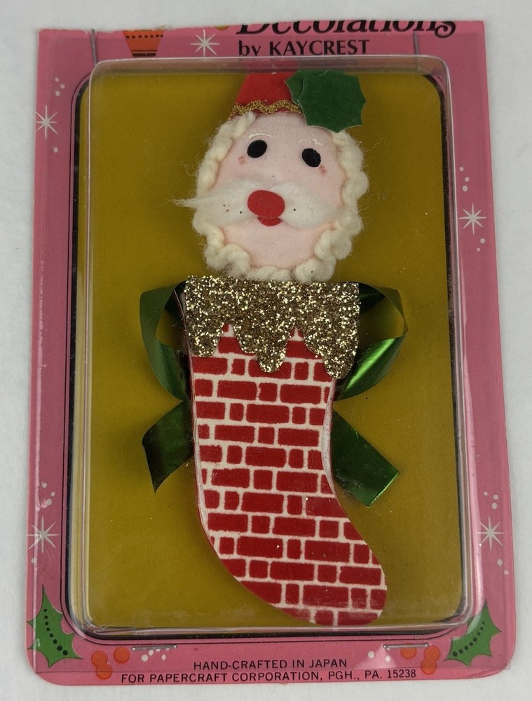Vintage Kaycrest Package Decorations Stick On Santa Stocking NOS Christmas Japan