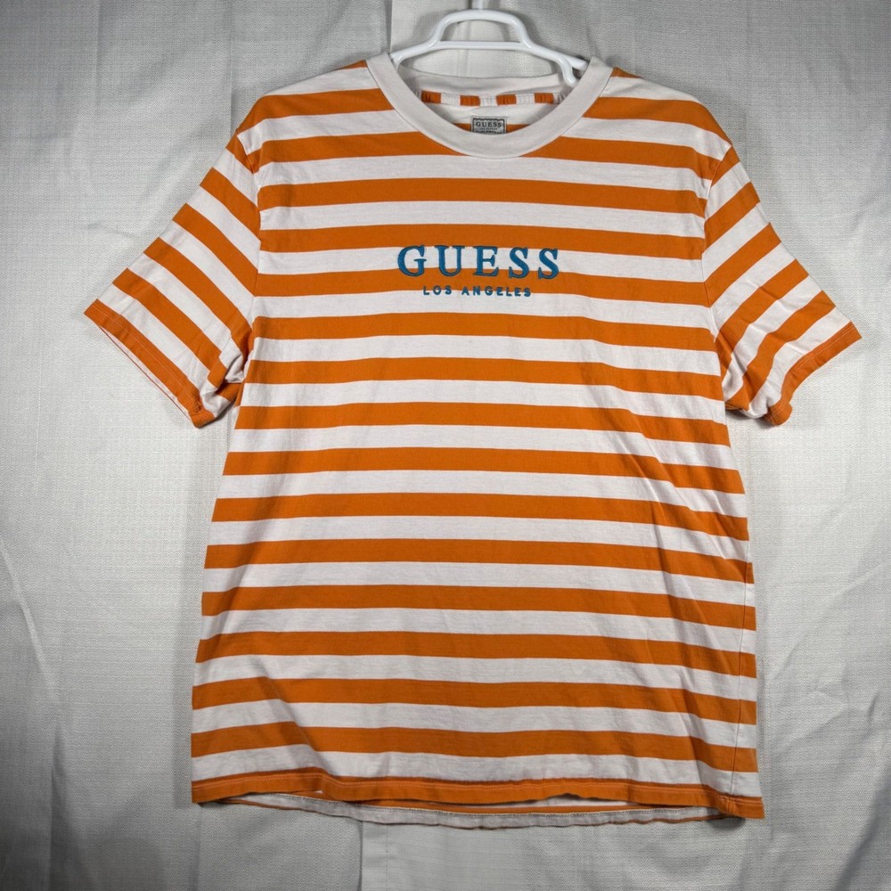 Guess Los Angeles Mens XL Orange White Striped Embroidered Logo T-Shirt