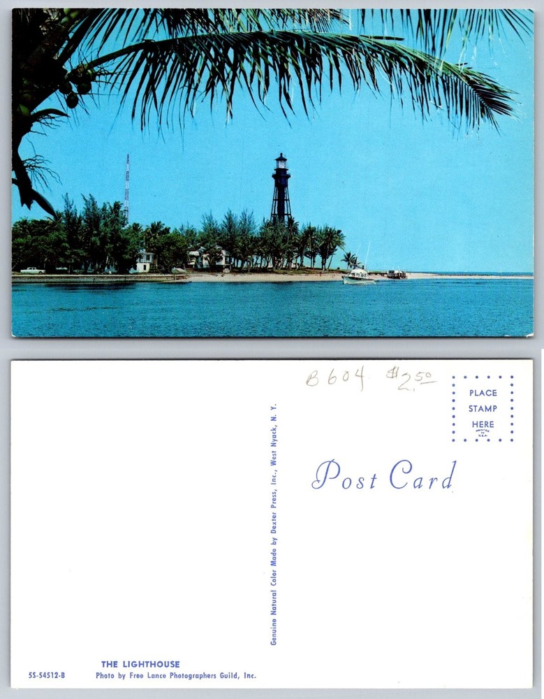 Vintage Lighthouse Postcard Florida Coast Dexter Press Palm Trees Boat Scenic