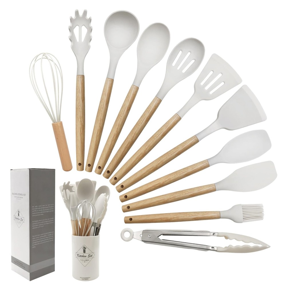 Kitchen Utensils Set of 12, Silicone Cooking Utensils with Non-Slip Wooden Ha...