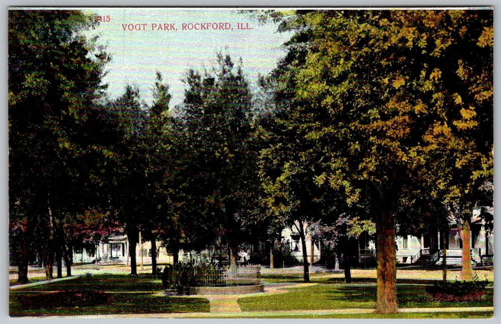 Antique Postcard Vogt Park Fountain Rockford, IL 1910s