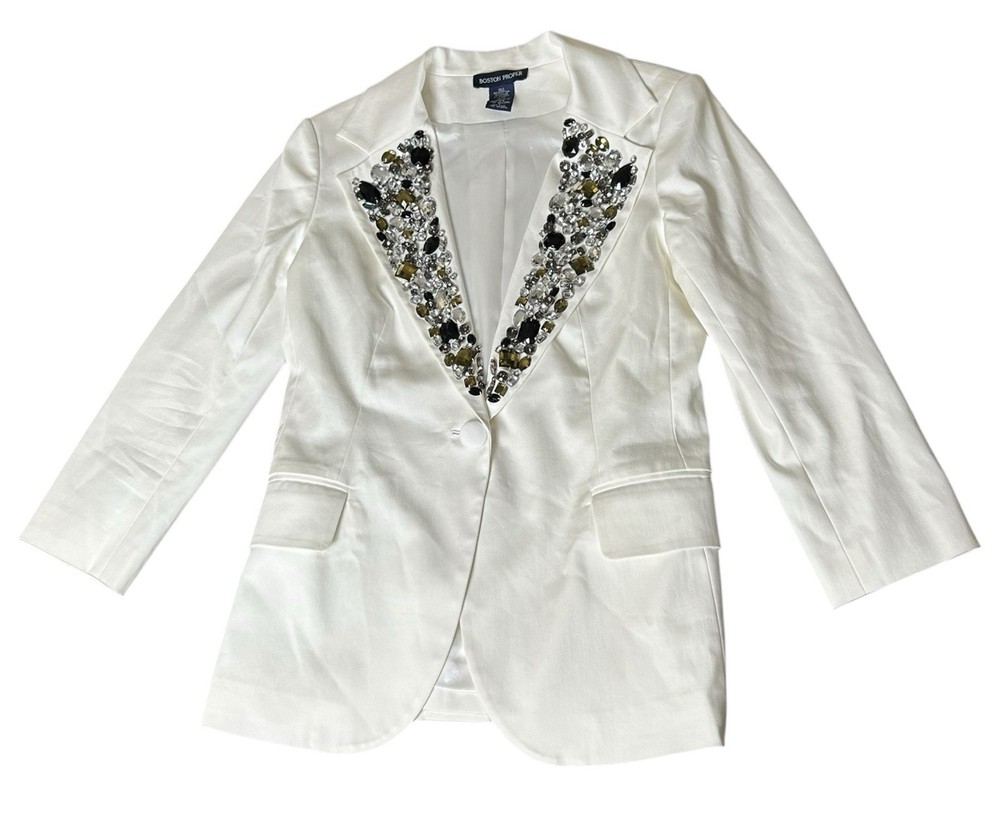 Boston Proper Embellished Blazer Size 4 (XS) White Bejeweled Lapel Jacket READ