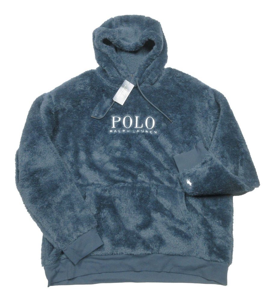Polo Ralph Lauren Men's Blue Logo Graphic Hi Pile Sherpa Hooded Jacket