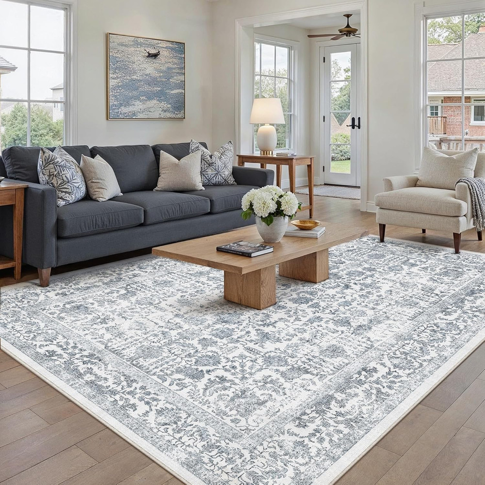 Navy Blue Area Rug 5X7 Machine Washable Vintage Living Room Distressed Non Slip