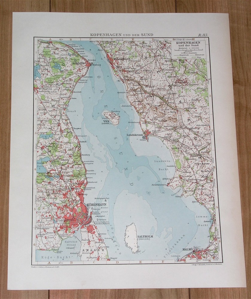 1924 Original Vintage Map Of Vicinity Of Copenhagen Oresund Denmark Sweden