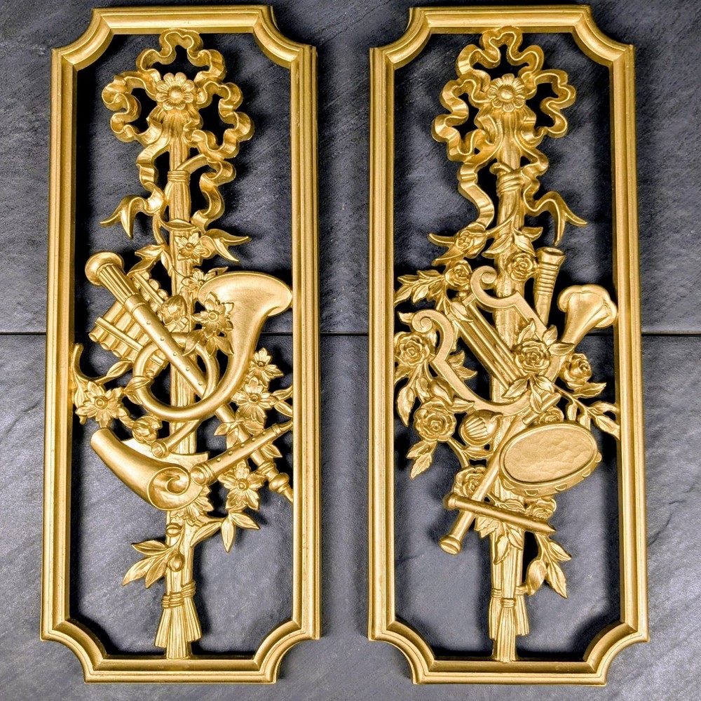 Vintage HOMCO 1964 Gold Musical Wall Plaques Pair Syroco Style Decor