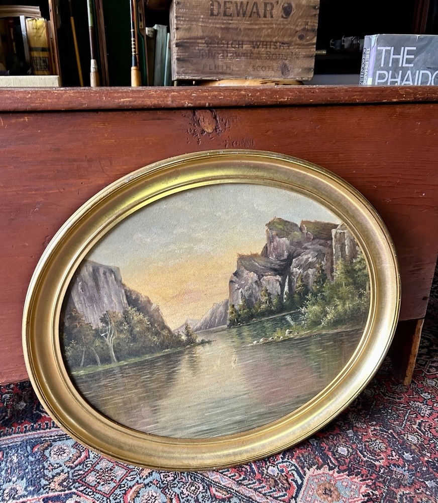 Yosemite / El Capitan plein air painting -oil on board -gilt oval frame 19th C.