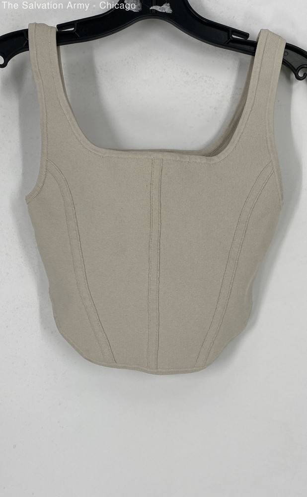 Babaton Womens Beige Square Neck Sleeveless Cropped Tank Top Size Small