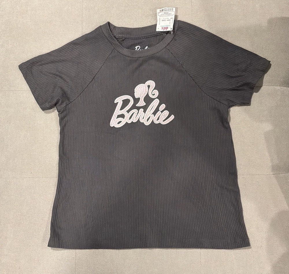 Barbie Girls Gray Graphic Logo Ribbed Knit Short Sleeve Crew Neck T-Shirt M