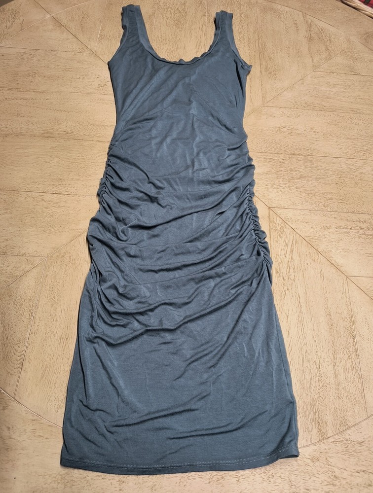 Women's LA Made Scoop Neck Side Ruched Midi Dress Sz XS Stretch Blue Gray Sexy