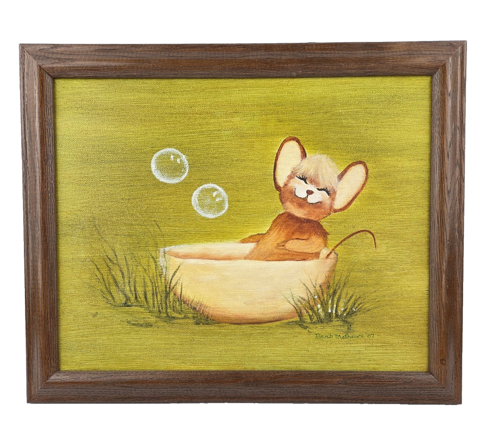 Framed Mouse Bath Painting Mid Century Style Signed 13x16