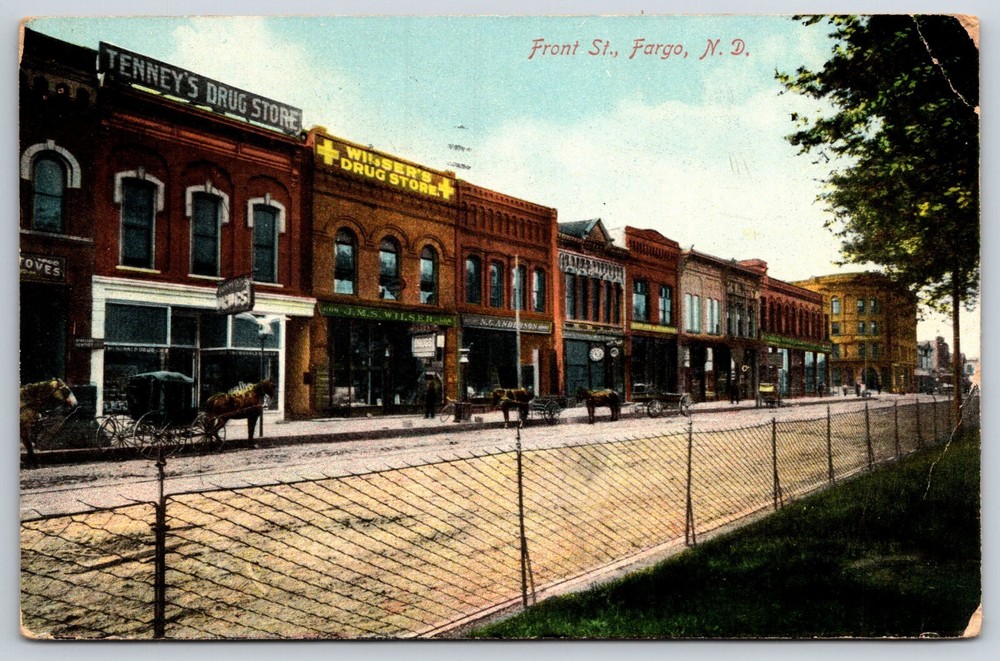 Fargo North Dakota~Front Street View W/ Horse Carriages~PM 1910~Vintage Postcard