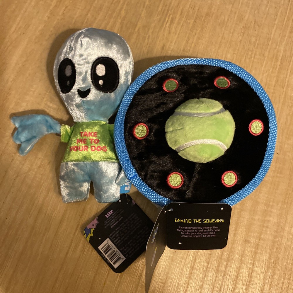 Bark Box UFO Alien Spaceship Plush & Tennis Ball Squeak Small Dog Toy 0-20 Lbs