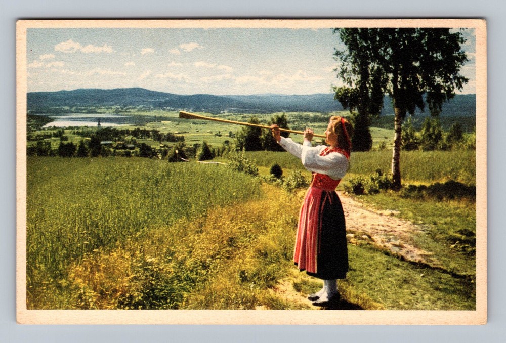 Sweden- Dalarna Woman Communicating With Birch Trumpet Old PC Vintage Postcard