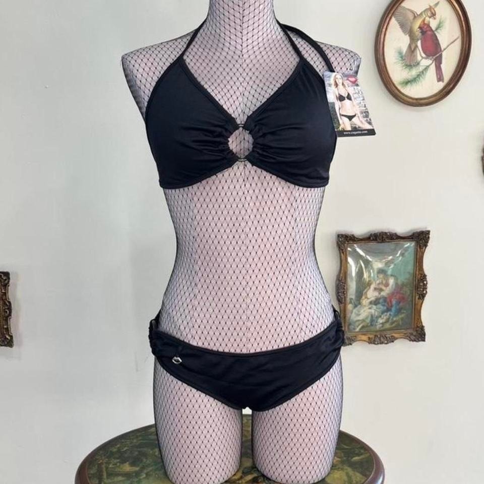 Vintage Y2K Coquette Black Microfibre Bikini Set w/ Ring Details – Halter Top