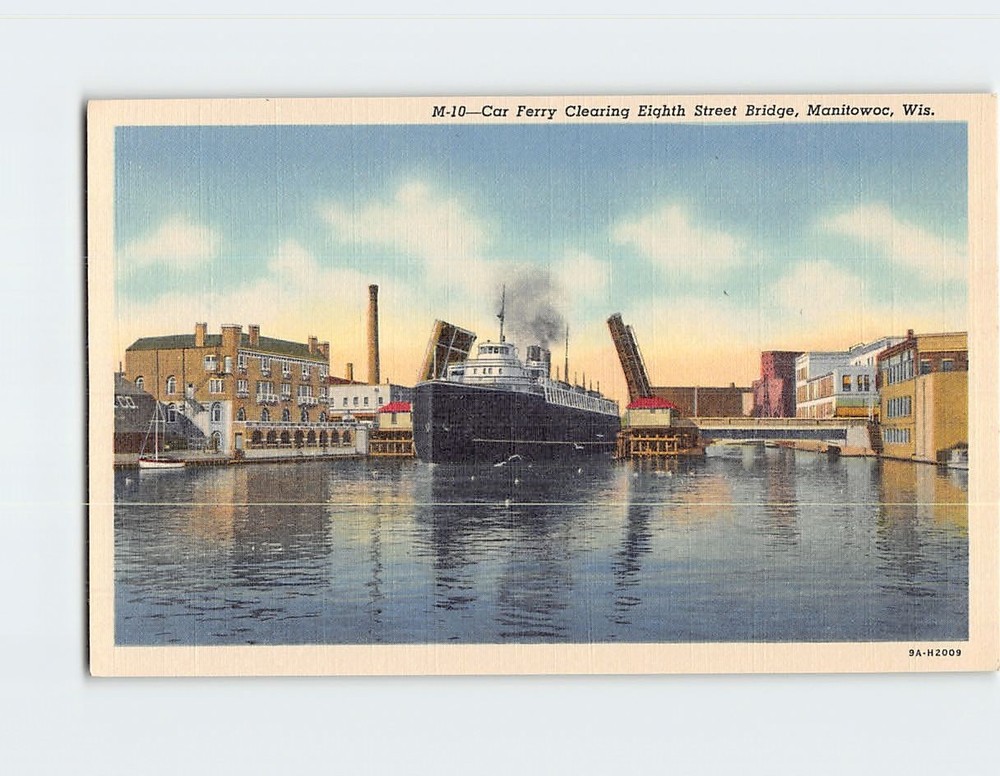 Postcard Car Ferry Clearing Eight Street Bridge Manitowoc Wisconsin USA