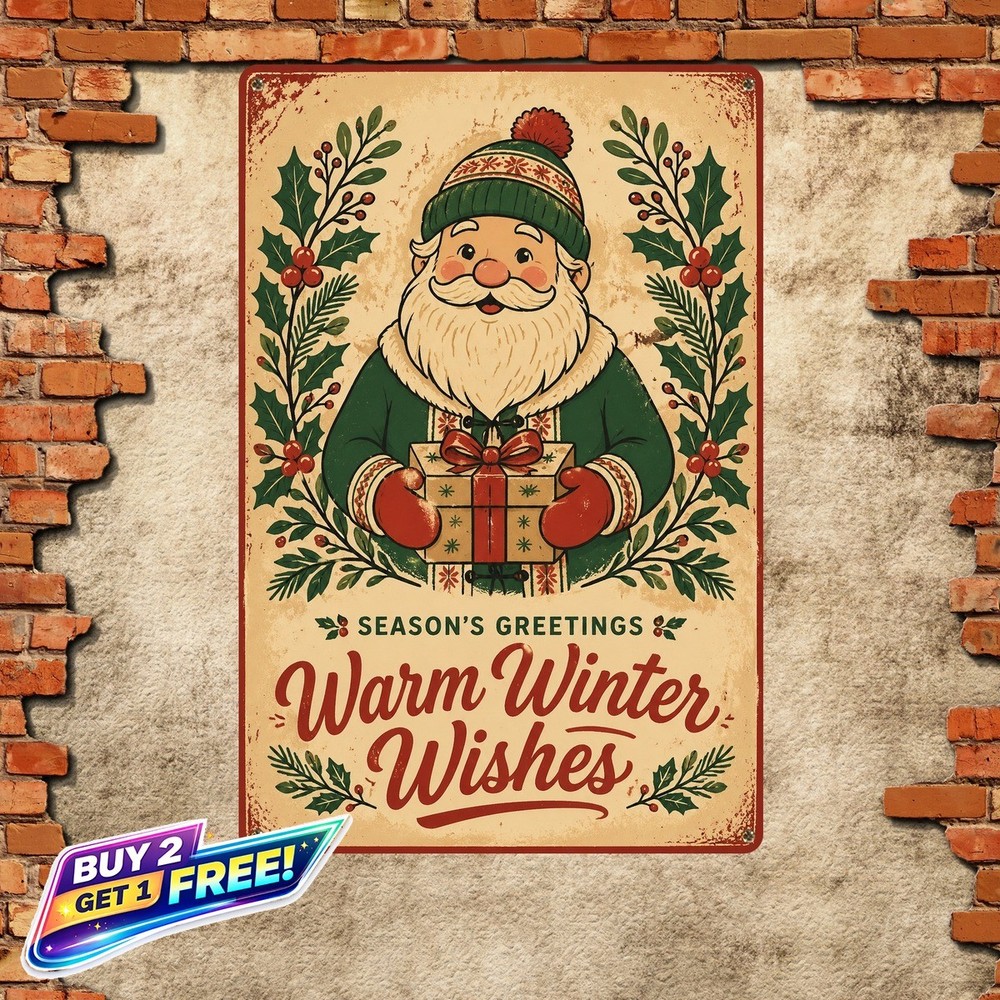 Jolly Santa Claus Face Festive Christmas Metal Tin Sign Decor