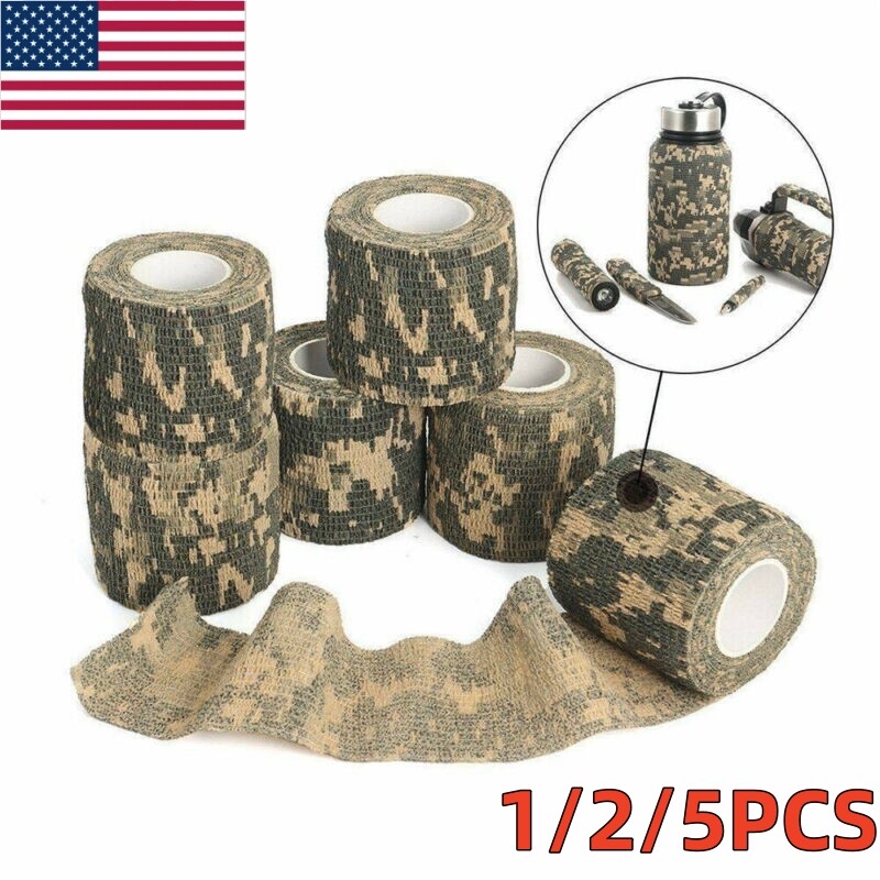 1-5Rolls Self-adhesive Army Camouflage Hunt Rifle Wrap Camo Bandage Stealth Tape