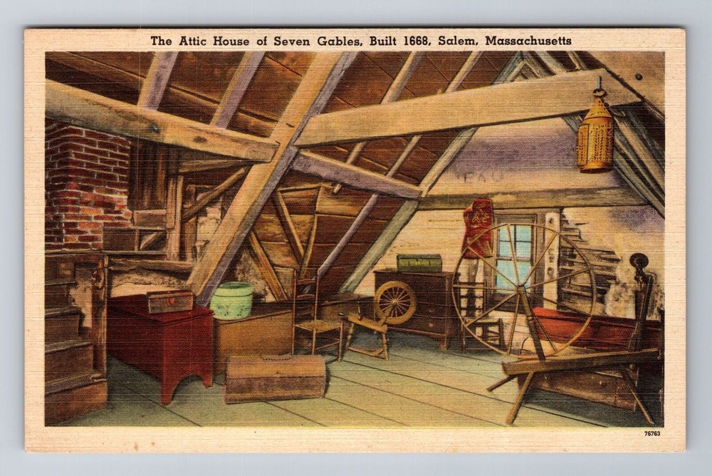 Salem MA-Massachusetts, Attic House of Seven Gables, Vintage Souvenir Postcard