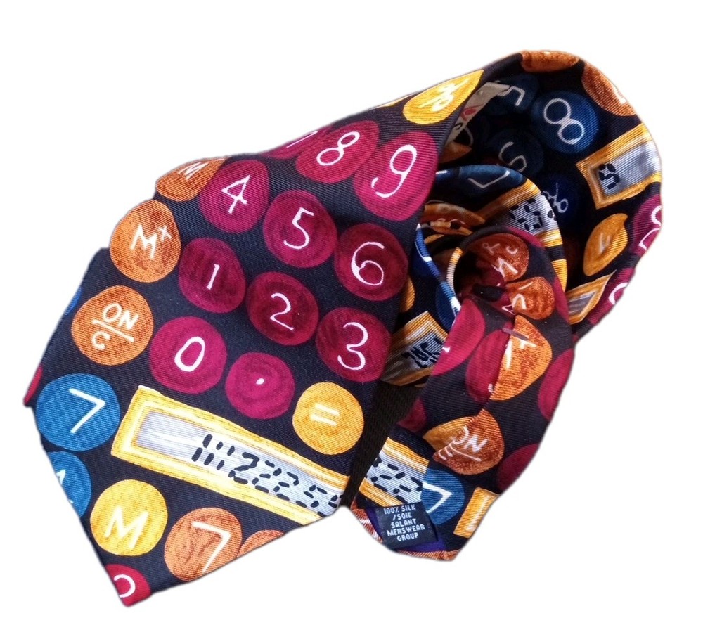 Vtg Mens Calculator Functions Silk Neck Tie Save Children One Plus Math Teacher