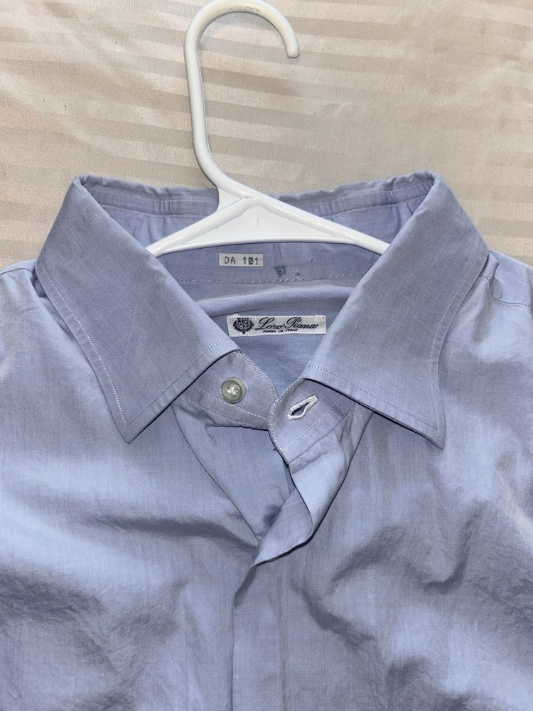Loro Piana Men’s XL Blue Solid Cotton Woven Long Sleeve Point Collar Shirt