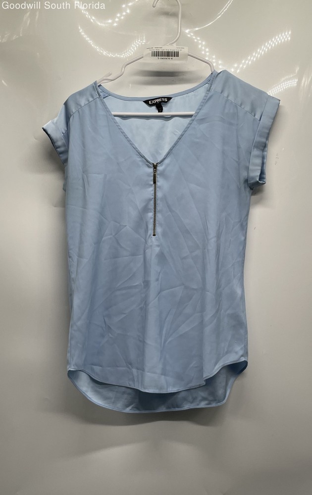 Express Womens Light Blue Short Sleeve V-Neck Front Zip Blouse Top Size XS