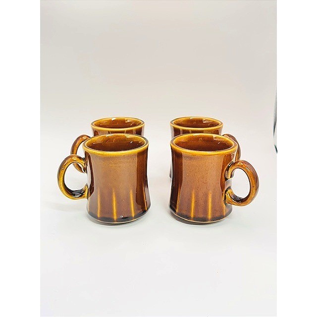 Vintage Brown Drip Glaze Coffee Mugs Set of 4 Mid Century Modern Ribbed Ceramic