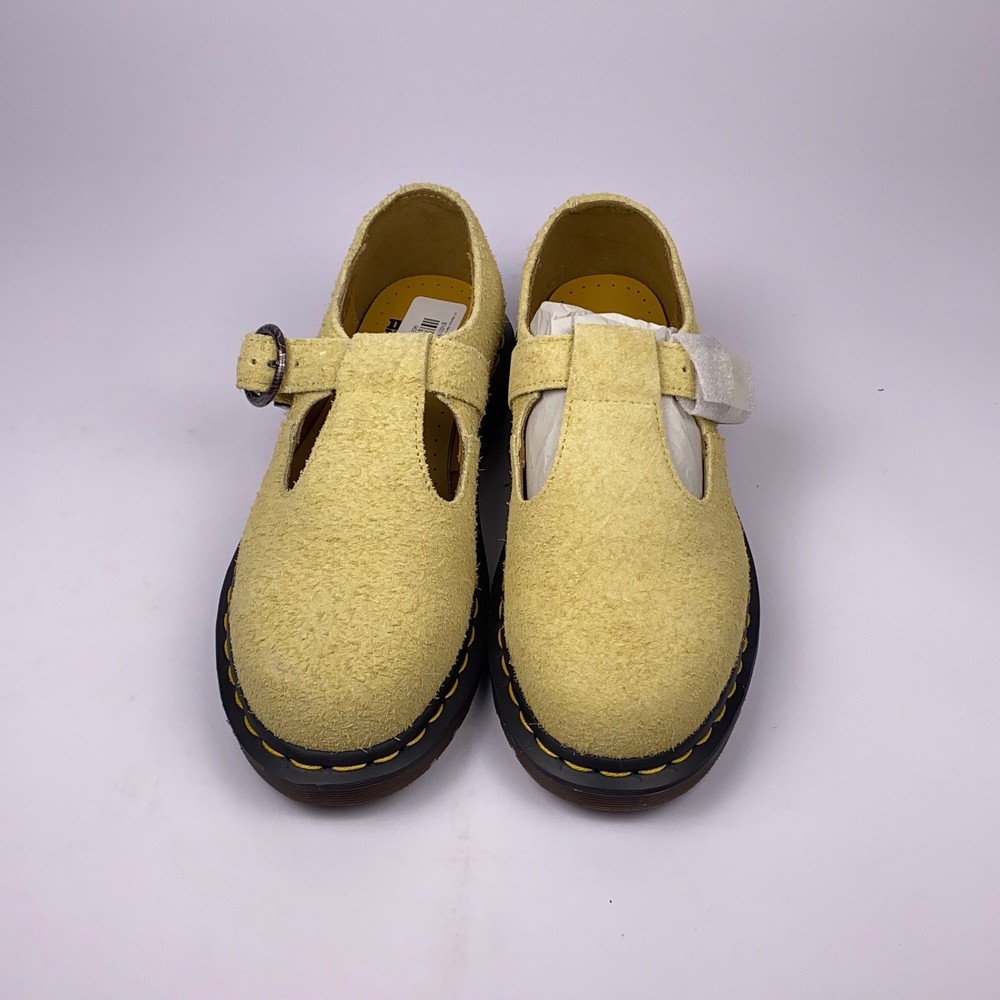 Dr. Martens Polley T-Bar Mary Janes Long Napped Suede Hazy Yellow Men 5 Women 6