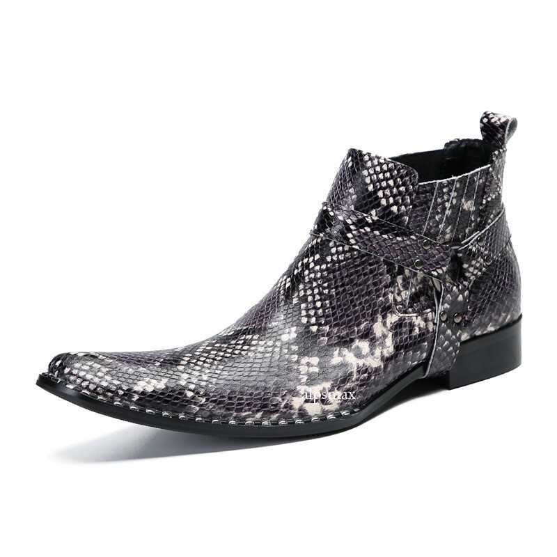 Pointed Toe Mens Motorcycle Snakeskin Print Ankle Boots Real Leather Western Zip