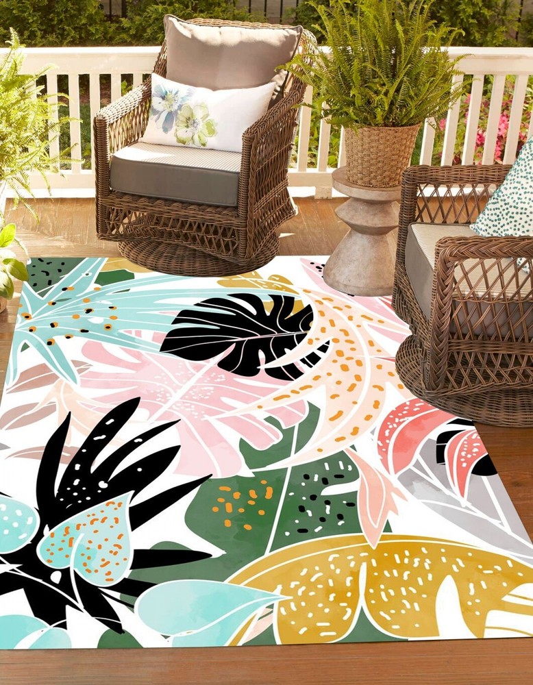 Modern Abstract Floral Area Rug with Tropical Palm Leaves for Bathroom-image