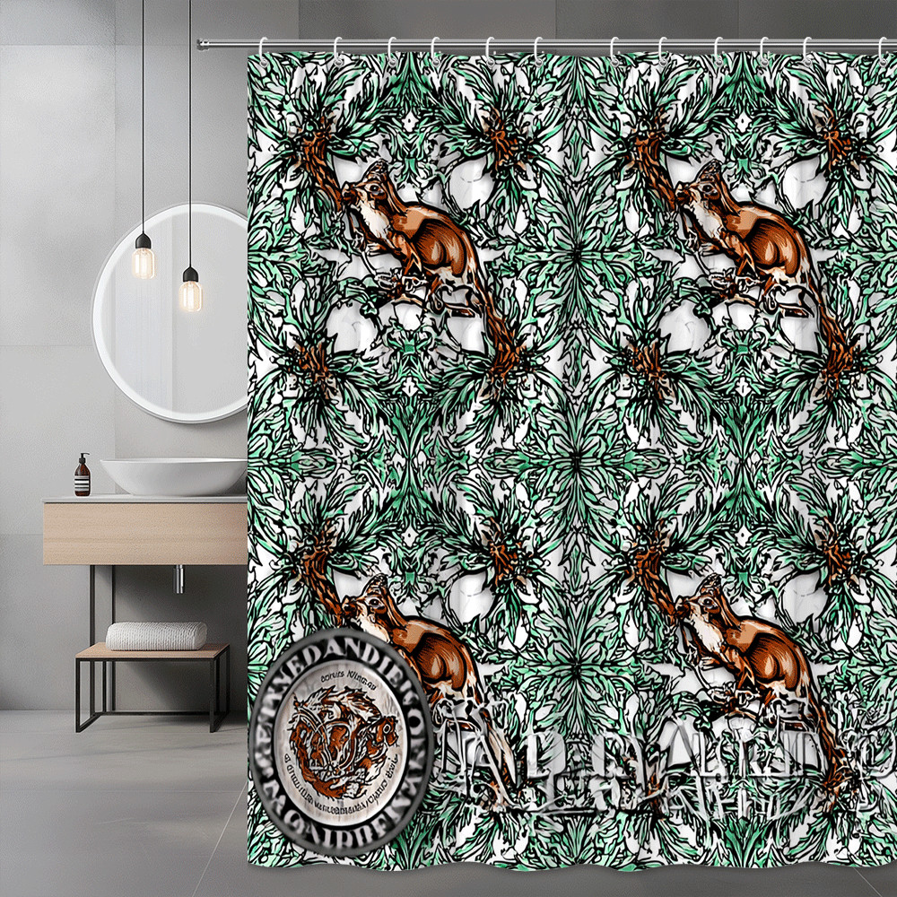 Squirrel Leaf Print Shower Curtain, Green and Brown Nature Pattern