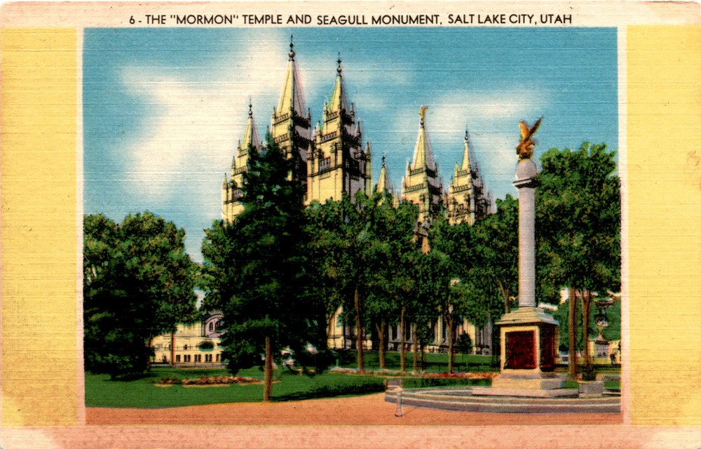 Mormon Temple, Seagull Monument, Salt Lake City, Utah, Temple Square, Postcard
