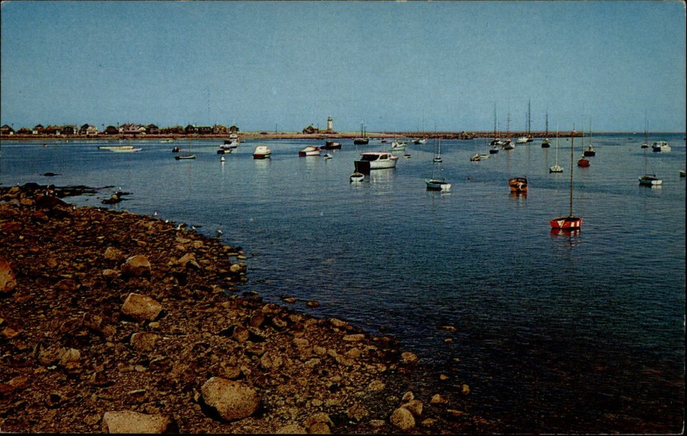 Scituate Massachusets Harbor lighthouse boats 1950s unused vintage postcard