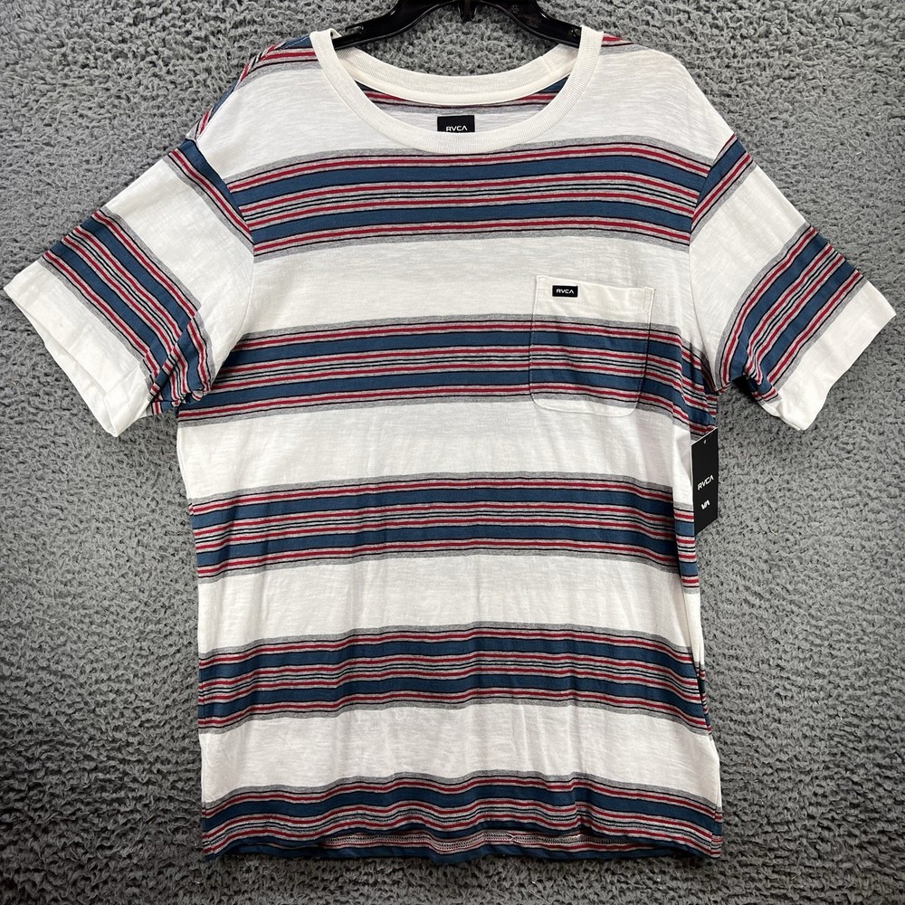 NEW RVCA Striped T-Shirt Mens XL White Teal Red Pocket Regular Fit Casual Skater
