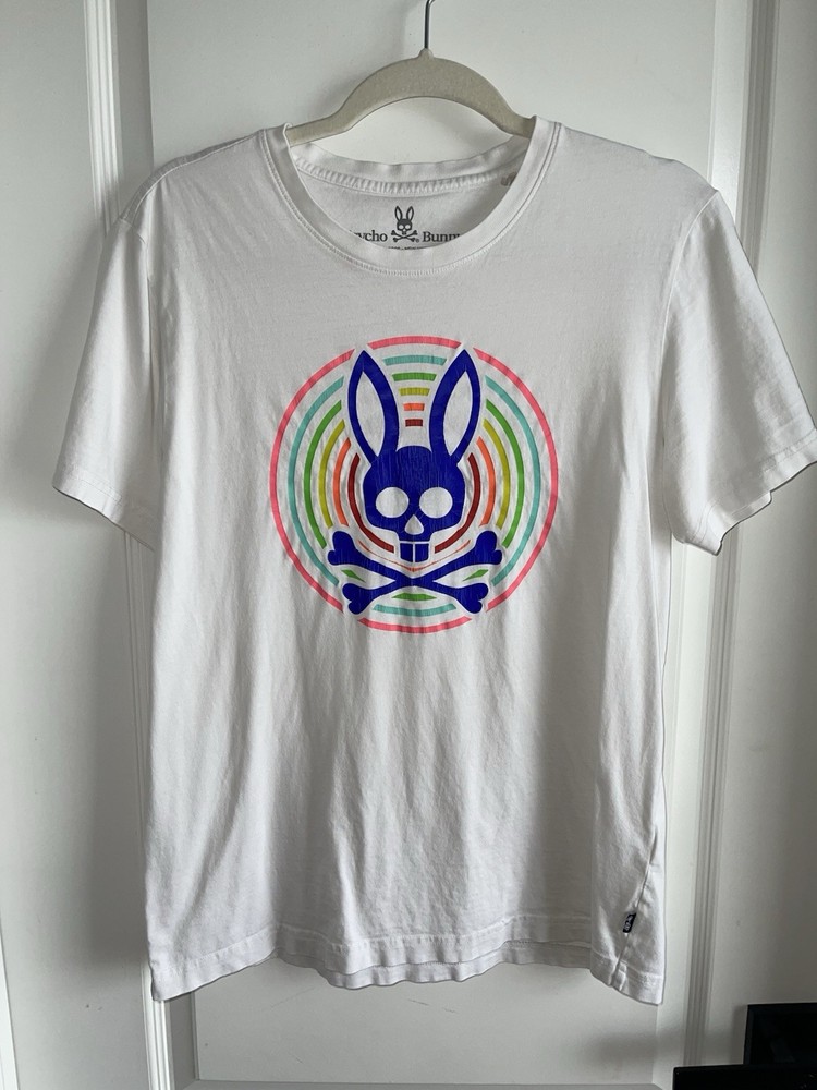 Psycho Bunny Graphic T Shirt White Rainbow Logo Skull Bunny Cotton Size 5