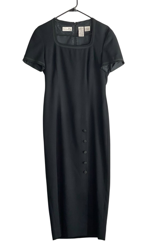 Vintage Liz Claiborne Black Maxi Dress Sz 6 Sheath Square Neck Front Slit 90's