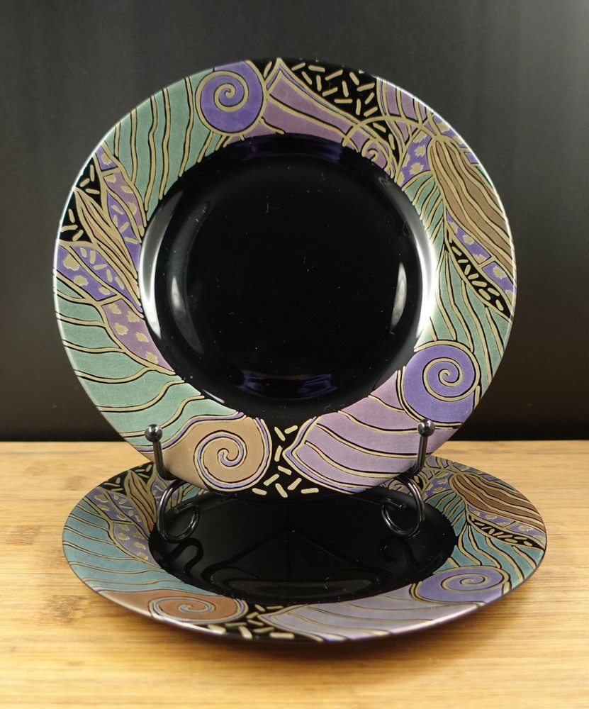 2 Arcoroc Tampico SALAD Plates Postmodern French Black Glass Gold Purple