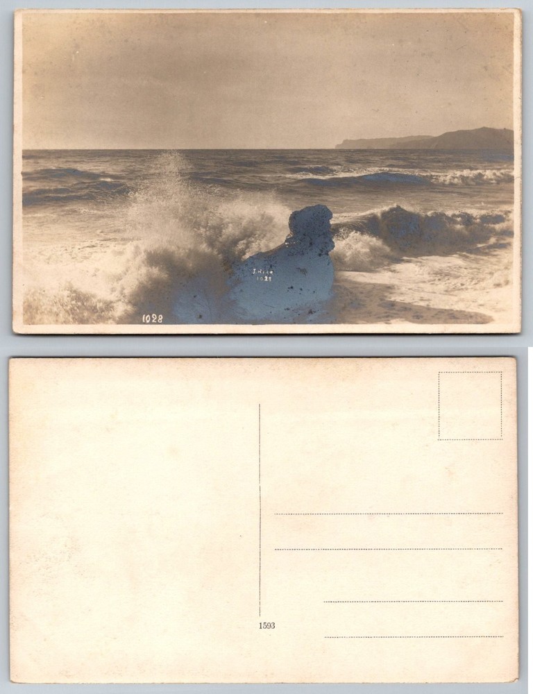 RPPC Nice France 1928 Seascape Waves Crashing Rocky Coast Vintage Postcard