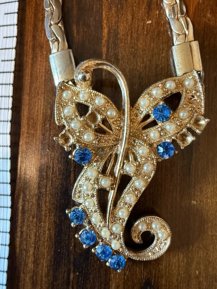 Vintage Gold Tone Butterfly Necklace Blue Rhinestones Faux Pearl Mid Century