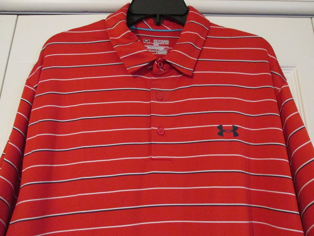 Under Armour  Red & Black Striped Loose Coldblack Heatgear Polo Shirt Size 2XL