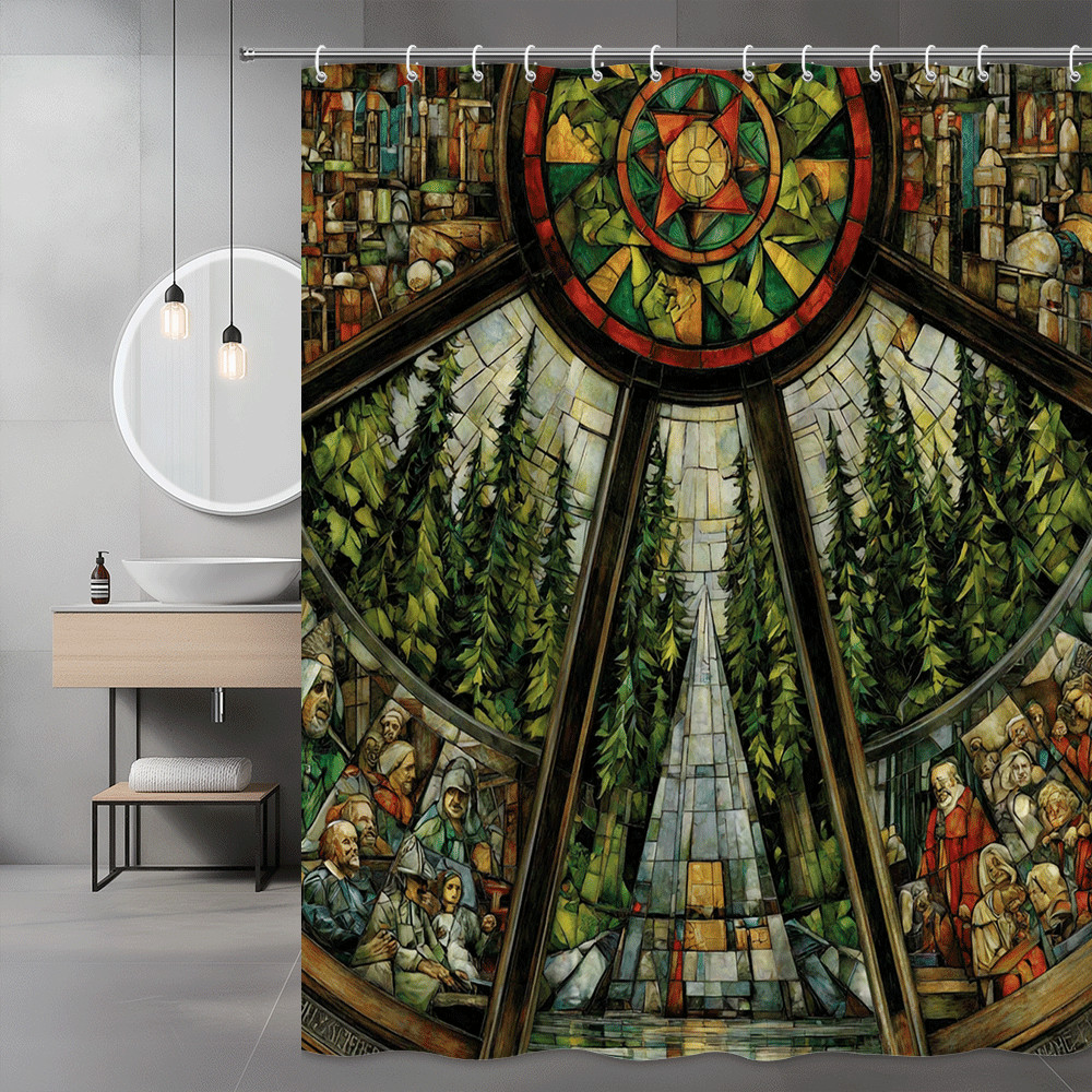 Stained Glass Forest Scene Shower Curtain, Abstract Graphic Art