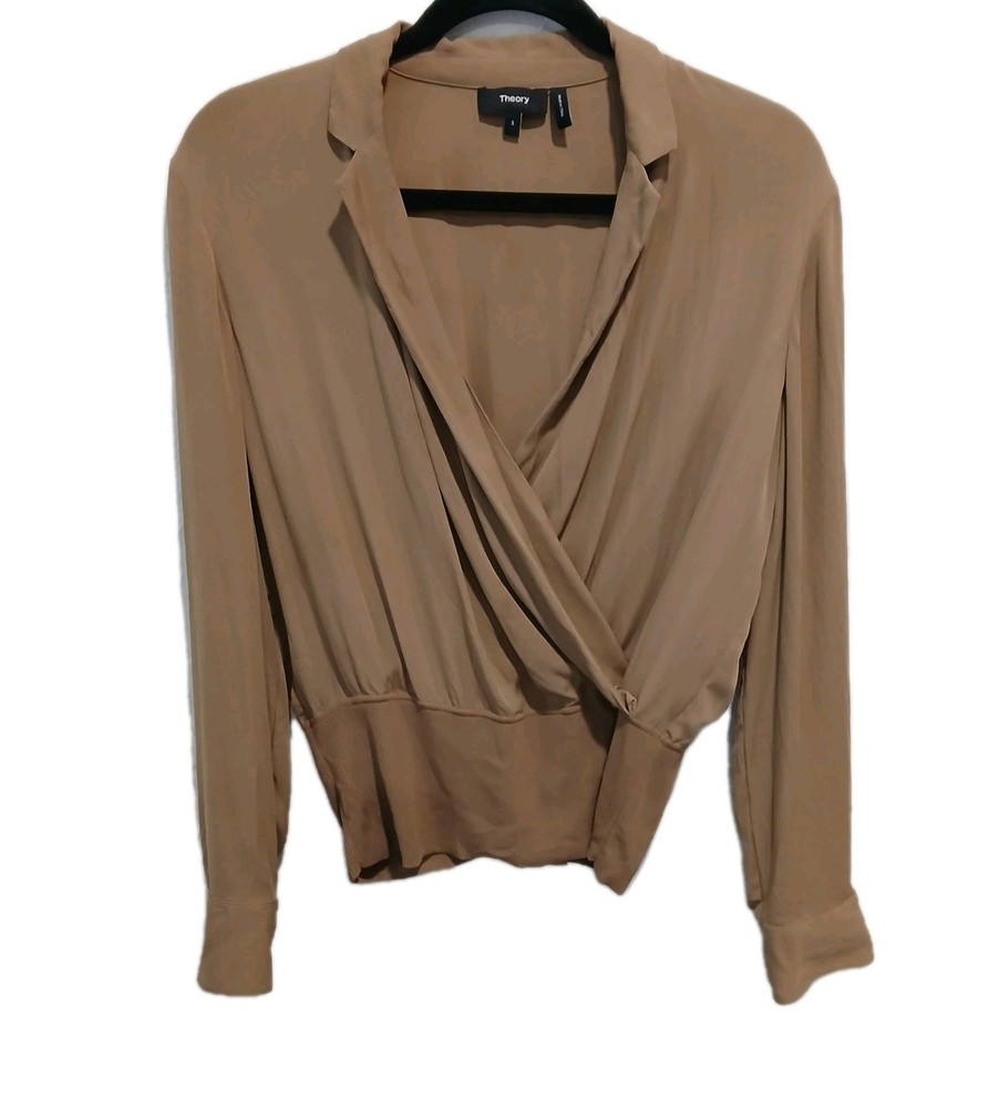 $395 THEORY Long-Sleeve Collared Top Silk Combo Size Small Truffle Tan Brown
