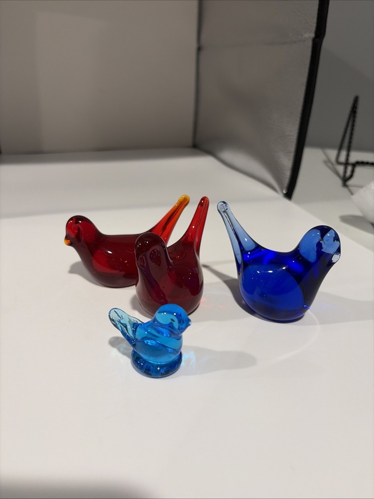 Red & Blue Glass Birds Tiny Blue Bird Is Signed “Roan” 1988