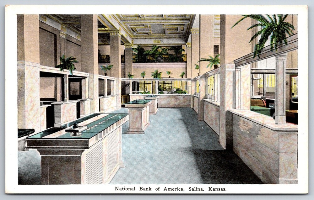 Interior~Salina Kansas~Natl Bank Of America Lobby~EC Kropp Vintage Postcard