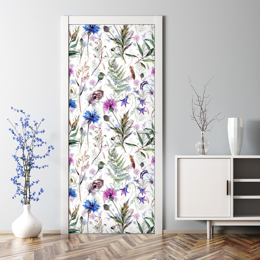 Vibrant Wildflowers Bubble-Free Door Sticker in Green and Purple