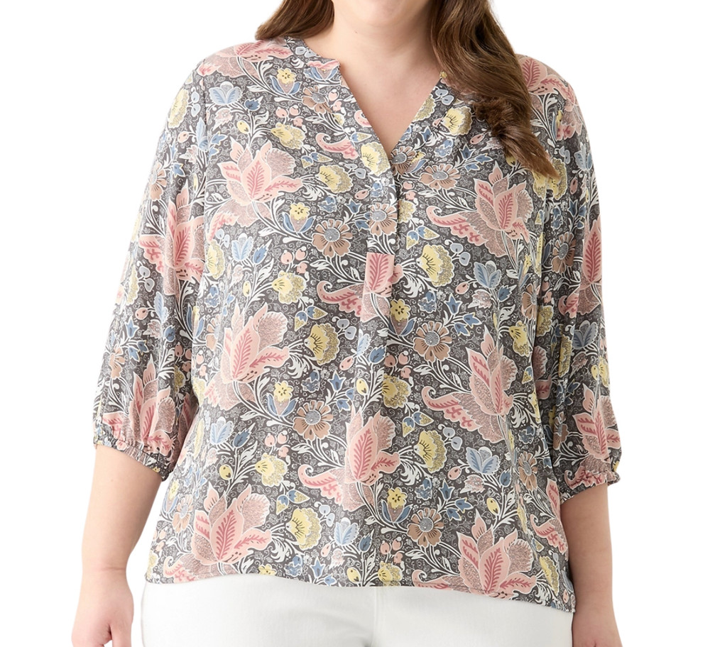 TAHARI Gray/Peach/Multi Floral BLOUSE TOP Split V-Neck 3/4-Slv FLOWY Feminine 3X